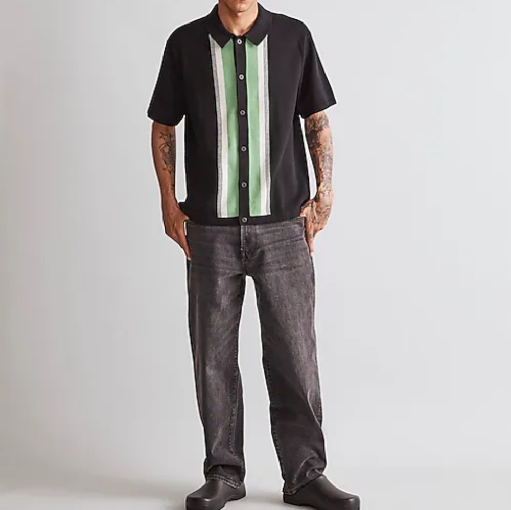 Madewell Men's Size XL button up sweater Polo green black stripes retro short sl